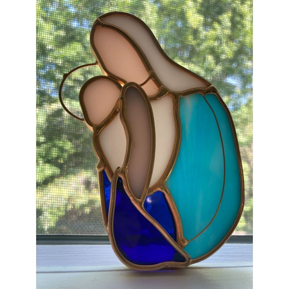 Vintage Baby Jesus & Mother Mary Nativity Stained glass Sun Catcher 5” Inch